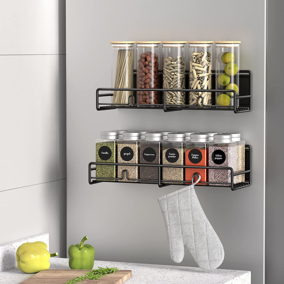 Small organized kitchen with space-saving storage containers, under sink organizer, and magnetic spice rack.
