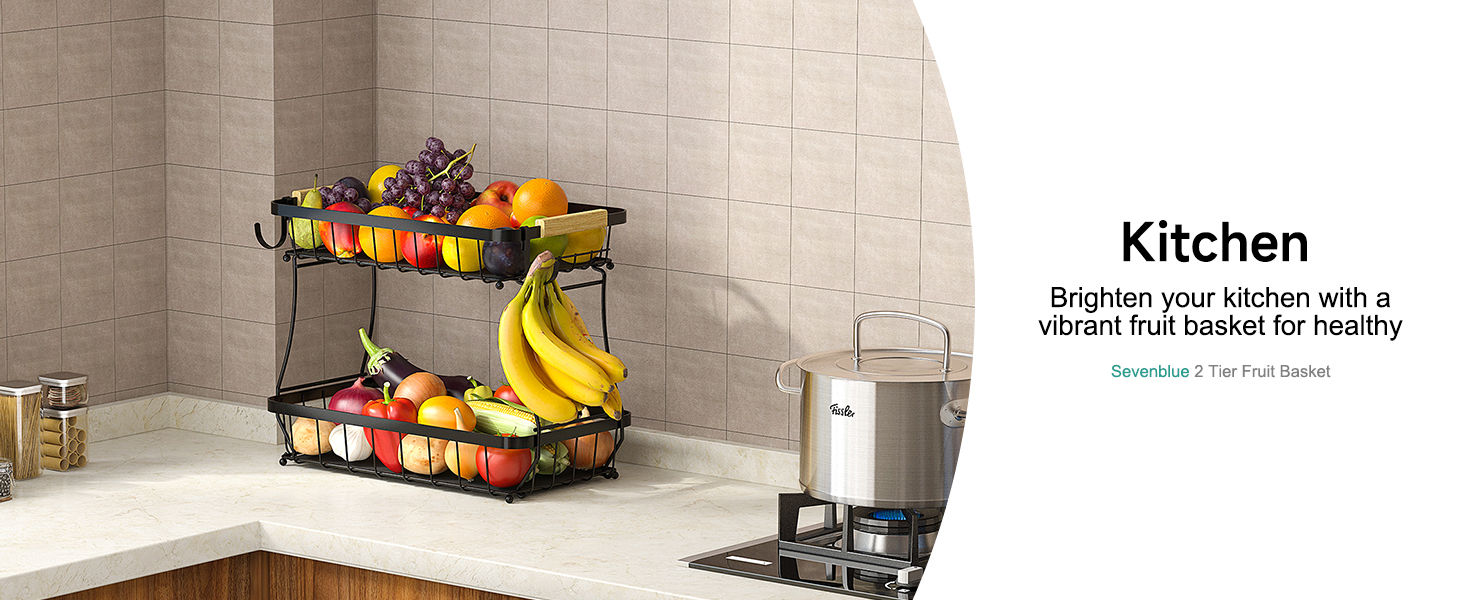 Black 2-tier fruit basket filled with fresh produce