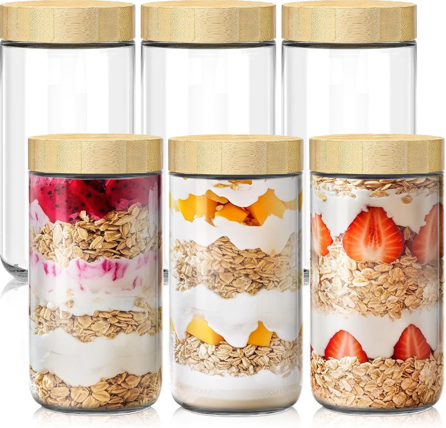 wide mouth overnight oats jars with bamboo lids