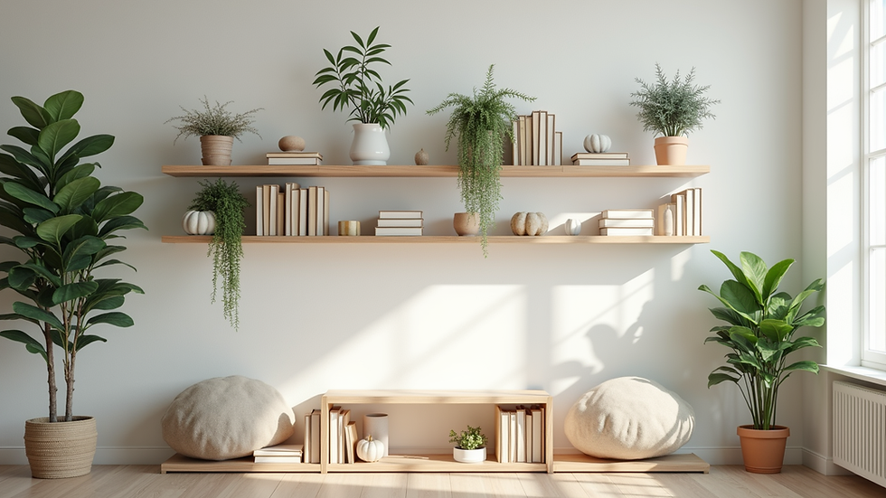 Eye-level view of wall-mounted shelves with neatly arranged books and plants