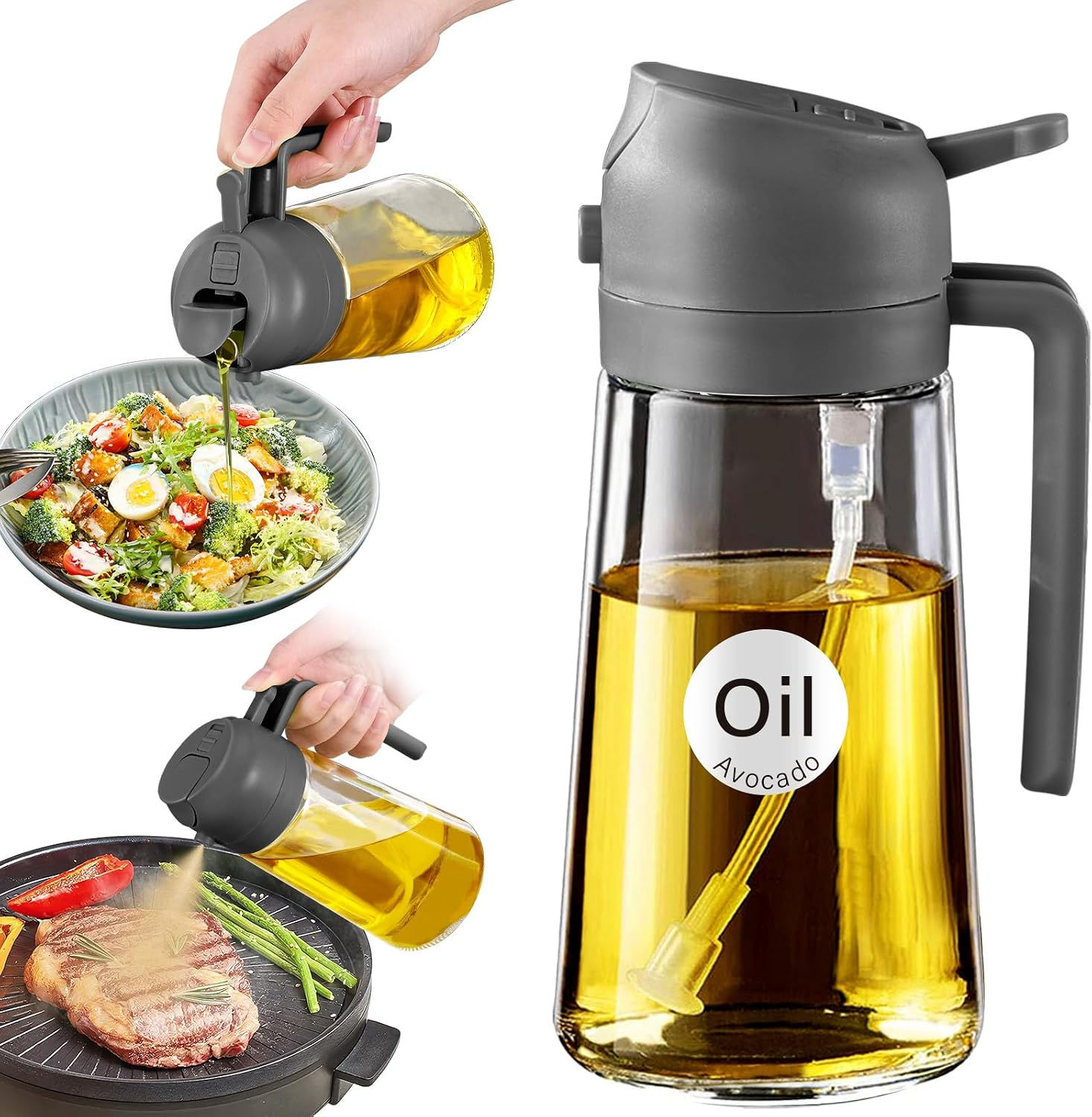 Glass olive oil sprayer pouring and misting over food