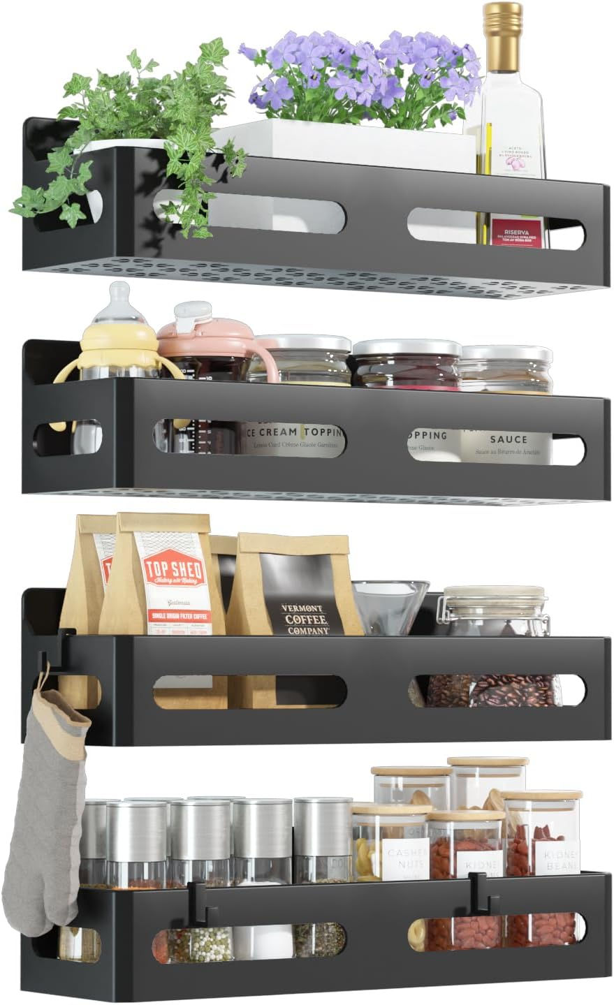 Four-tier magnetic spice rack for refrigerator organized with jars and plants