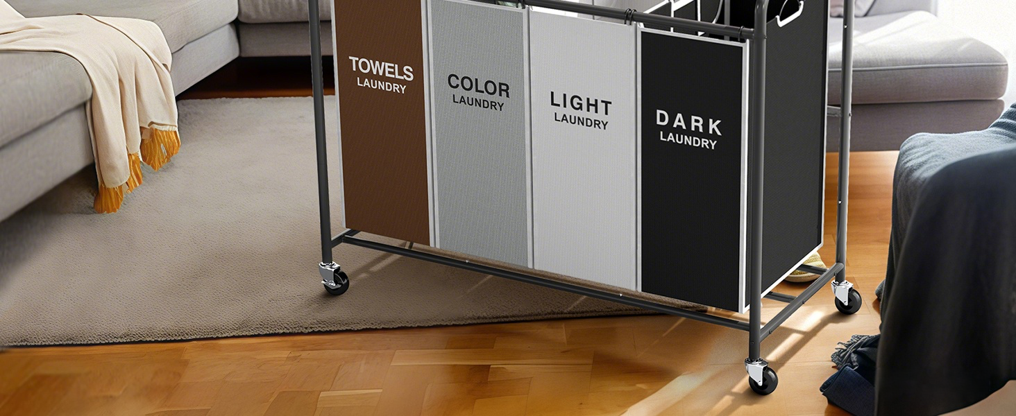 4-section laundry hamper sorter cart with lockable wheels