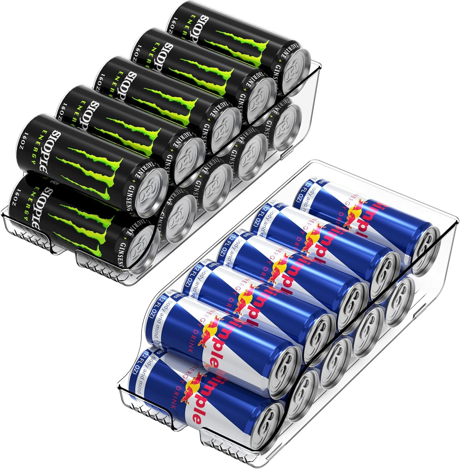 Soda can organizer with slanted roll-forward design