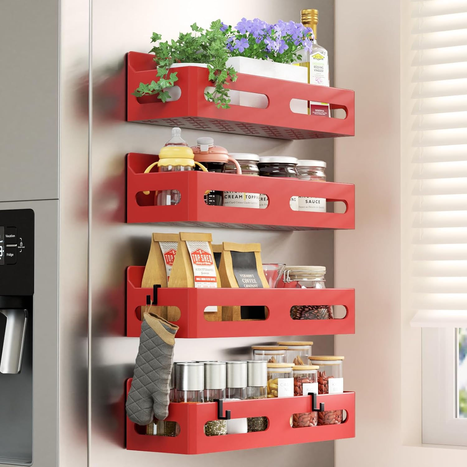 Red magnetic spice shelves on a refrigerator side