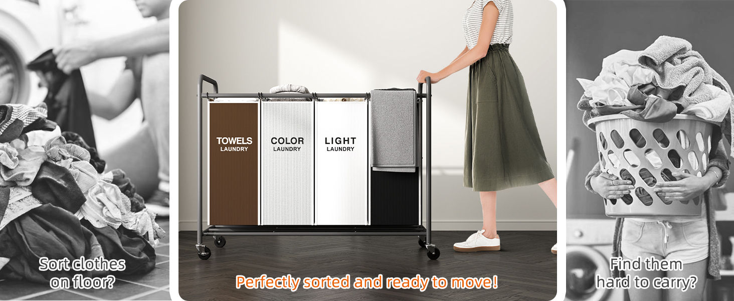 4-section laundry hamper sorter cart with lockable wheels