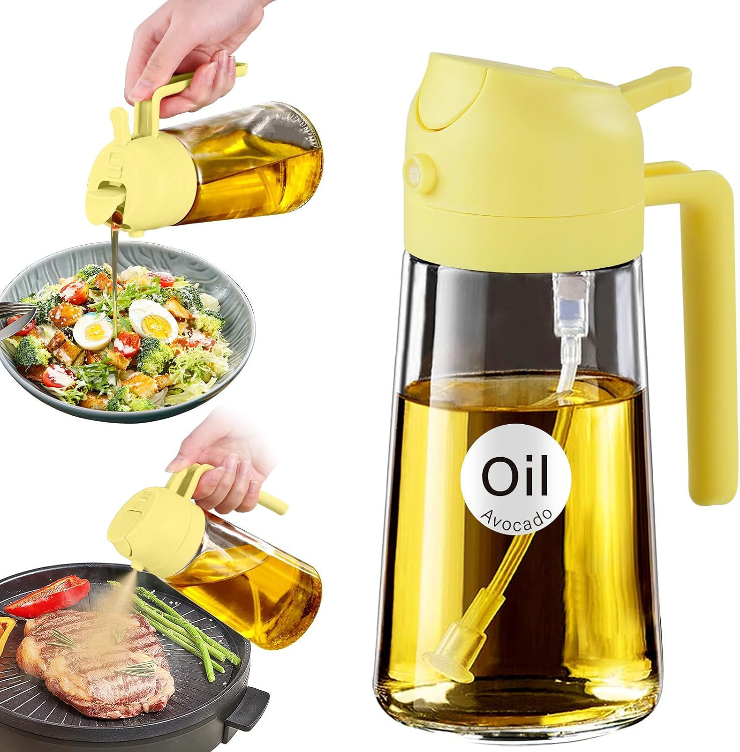 Glass olive oil sprayer pouring oil onto salad and steak.