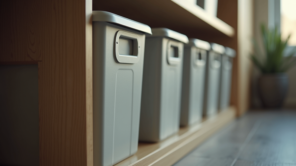 Eye-level view of stackable storage bins neatly arranged in a closet