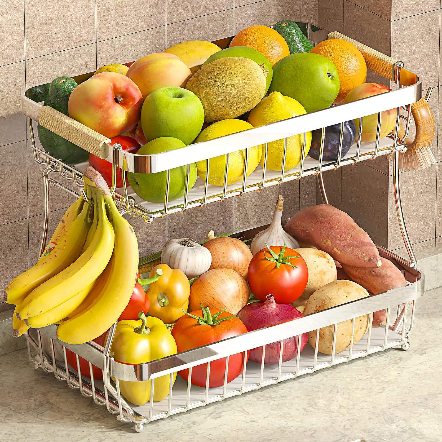 2-Tier Fruit Basket filled with fresh fruit and vegetables