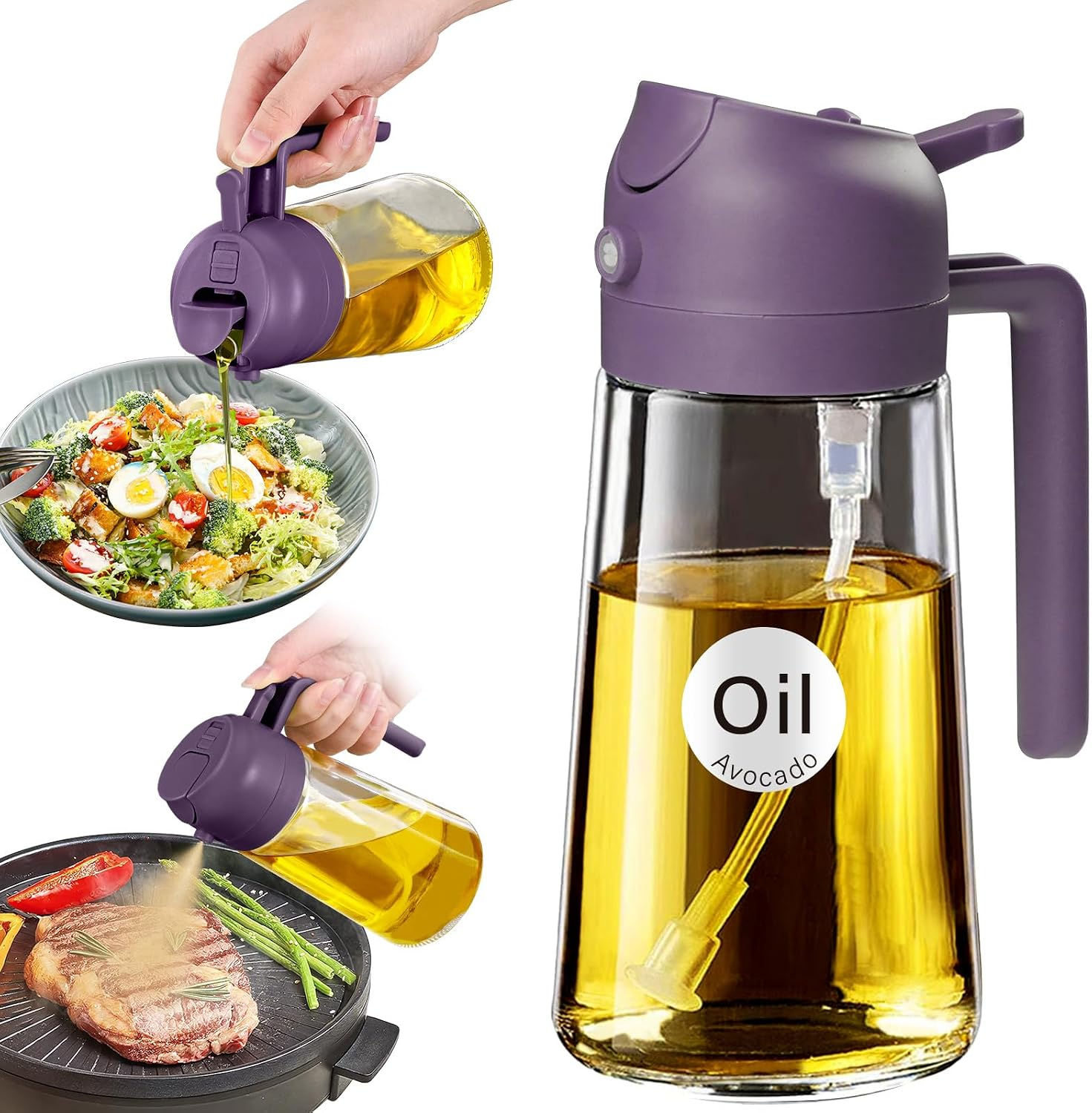 Purple glass olive oil sprayer pouring and misting oil