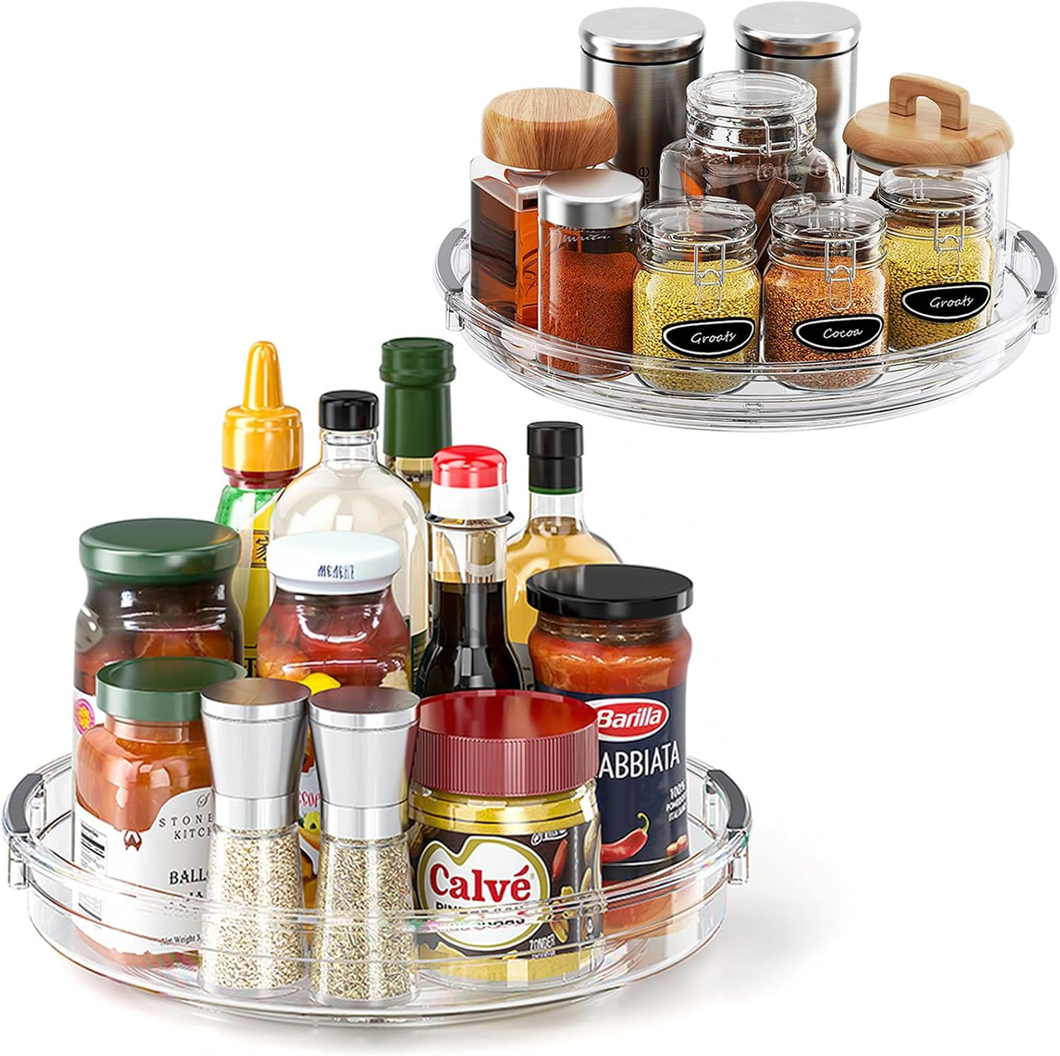 Two clear Lazy Susan turntables organizing spice jars.