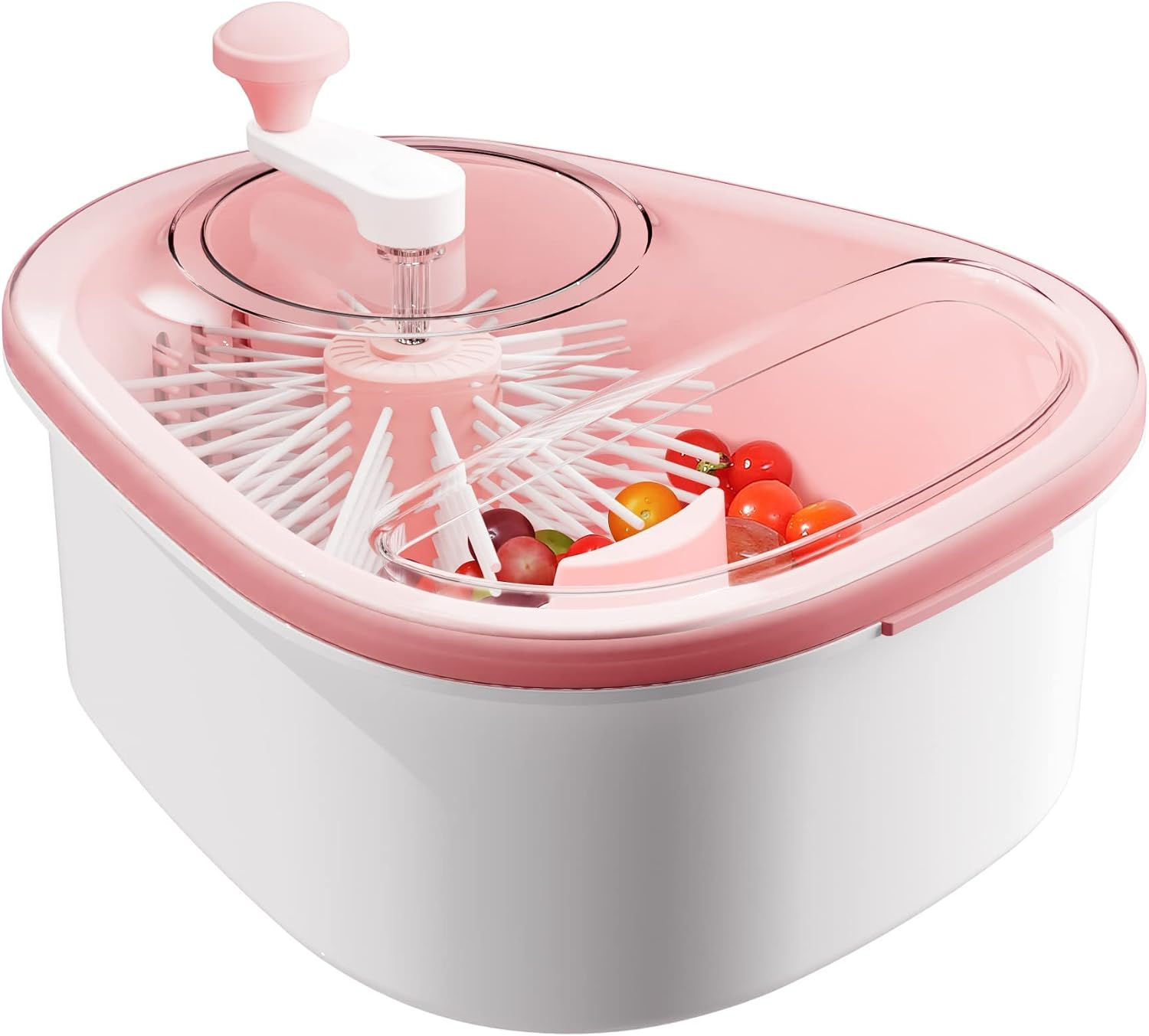 Pink and white manual fruit washer and spinner with berries