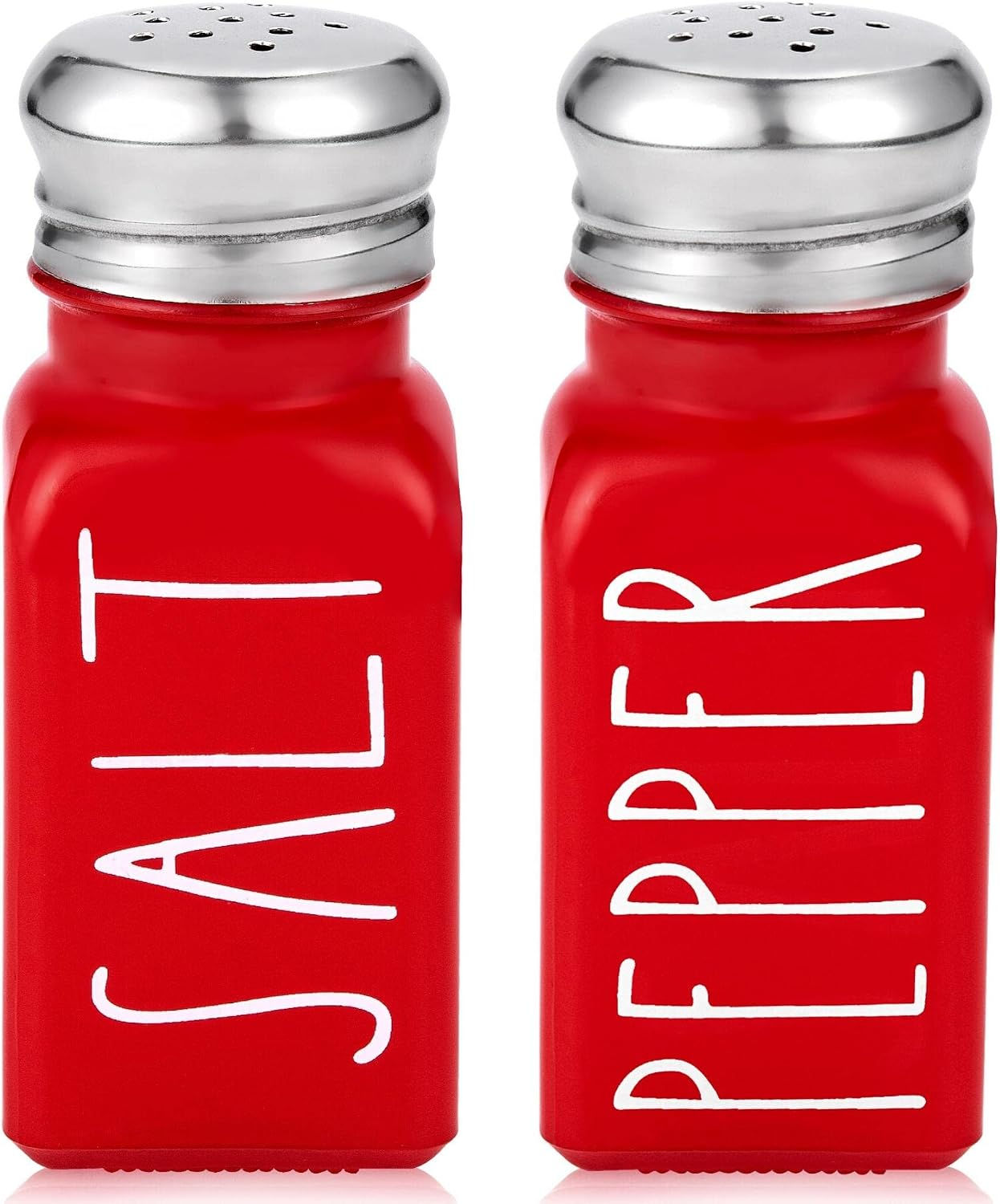 Red salt and pepper shakers with white vertical lettering.