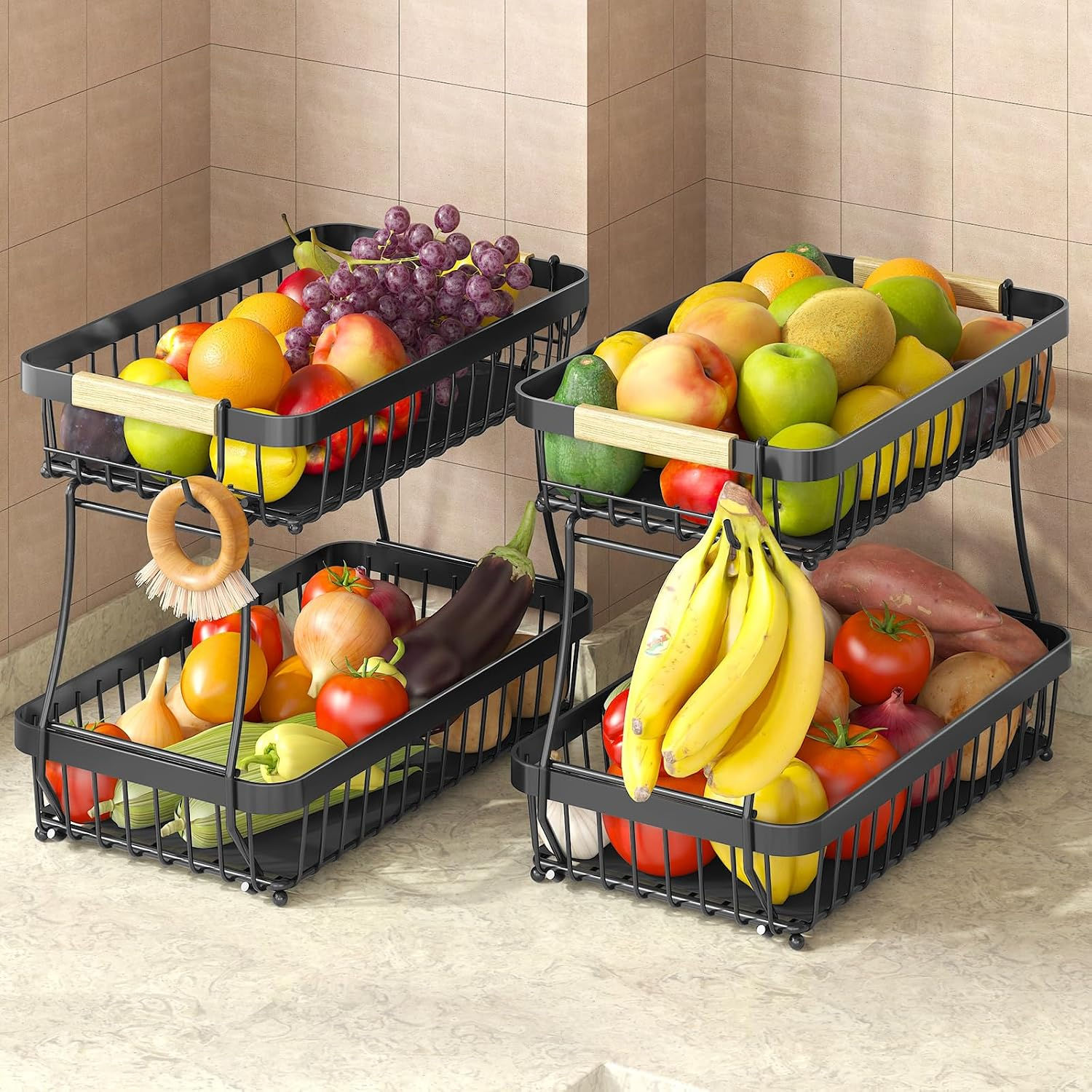 Black 2-tier fruit baskets filled with fresh produce