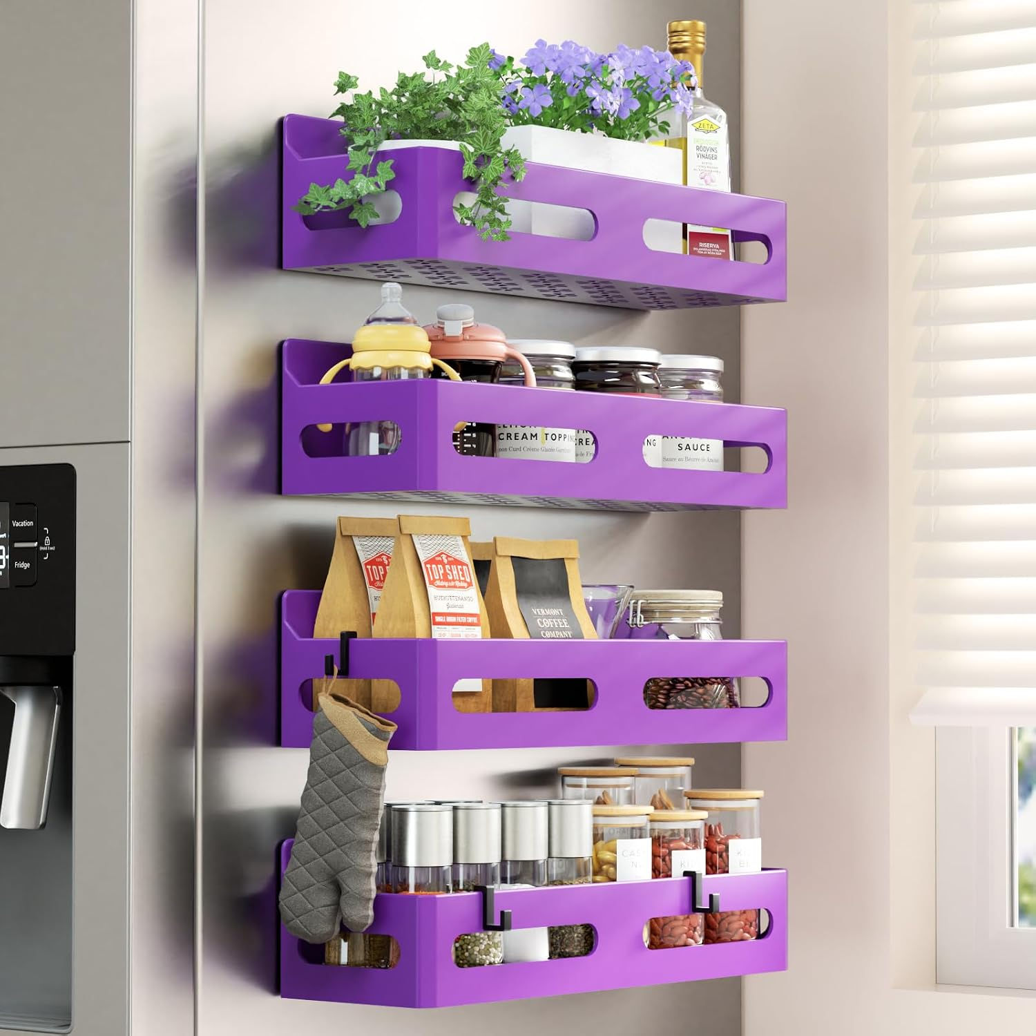 Purple magnetic spice racks on a refrigerator side