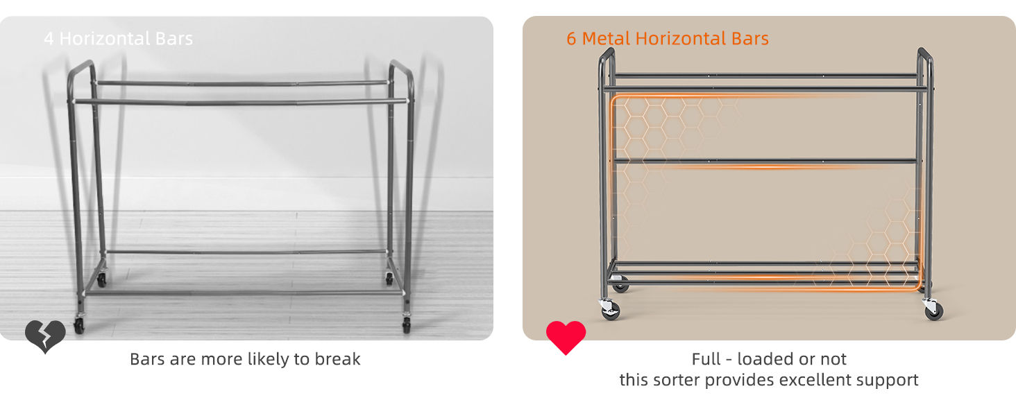 Laundry hamper sorter cart frame with 6 metal horizontal bars.