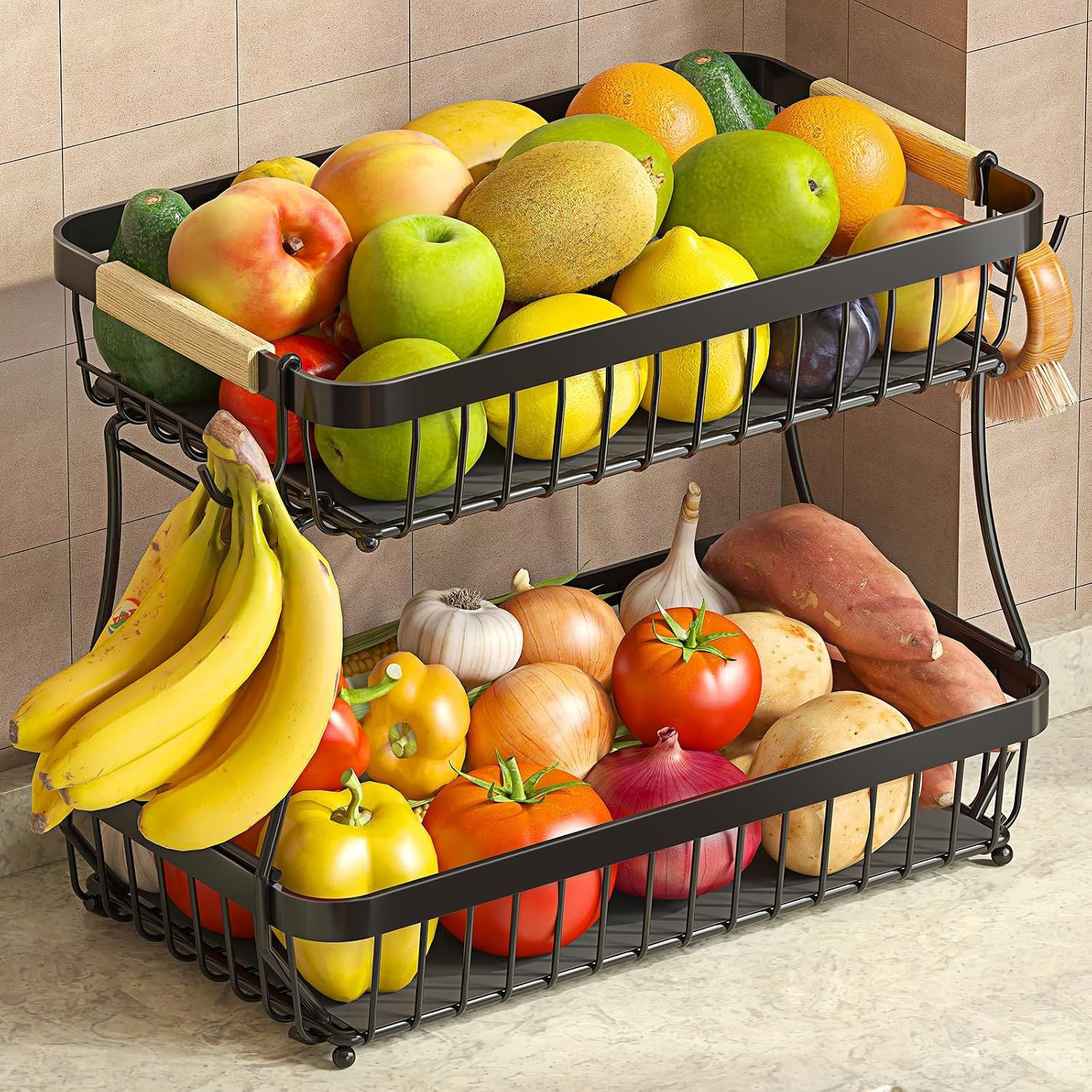 Black metal 2-tier fruit basket with fresh produce.