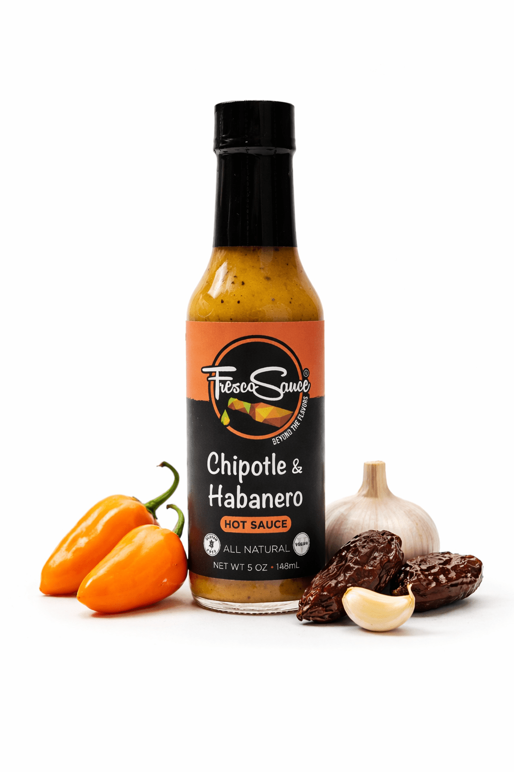 Fresco Chipotle & Habanero Hot Sauce bottle with peppers and garlic