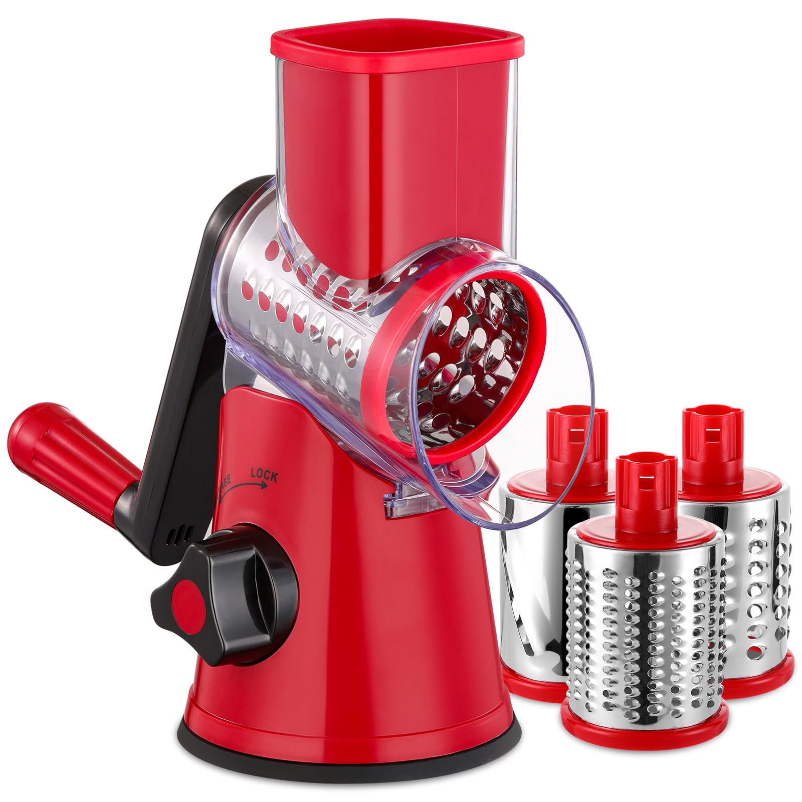 Rotary Cheese Grater with 3 Interchangeable Blades and Suction Base