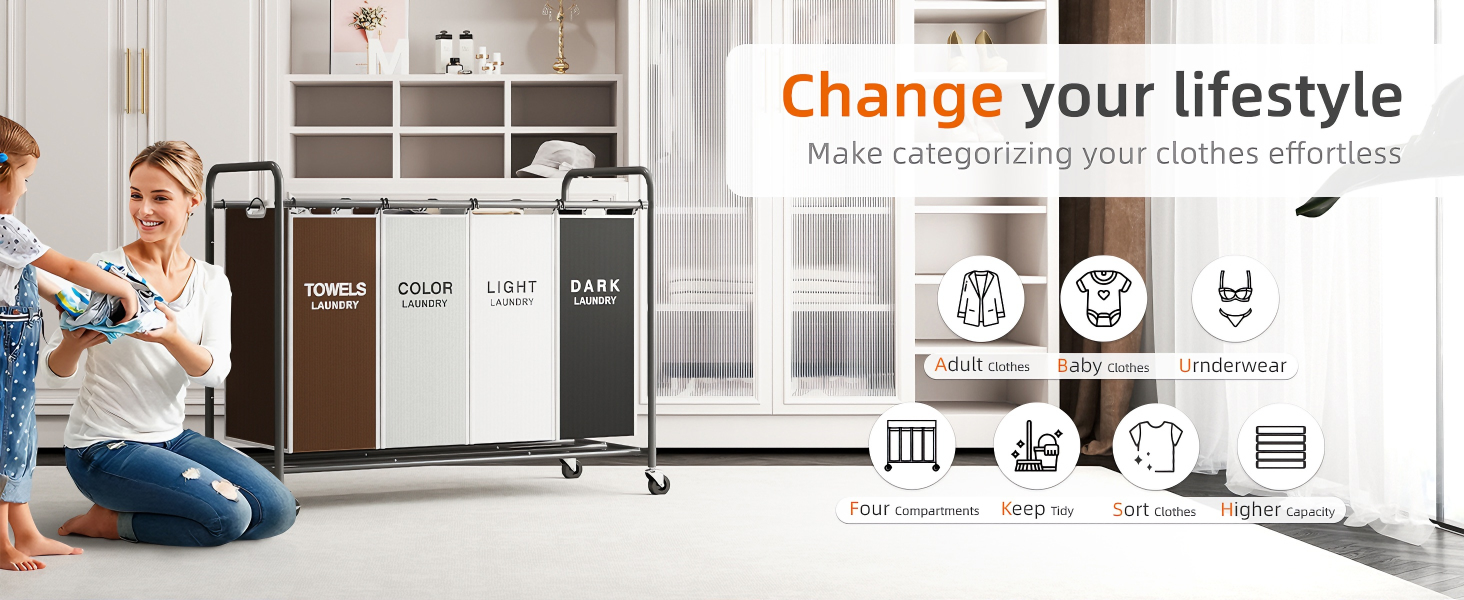4-section laundry hamper sorter cart for effortless sorting