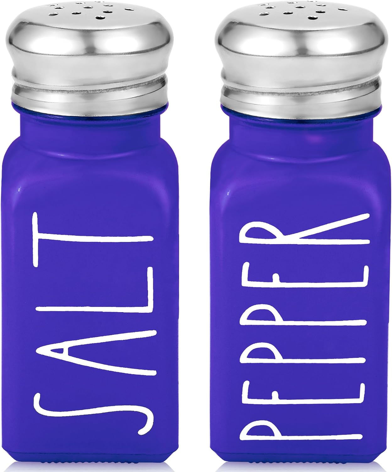 Pair of blue salt and pepper shakers with silver lids.
