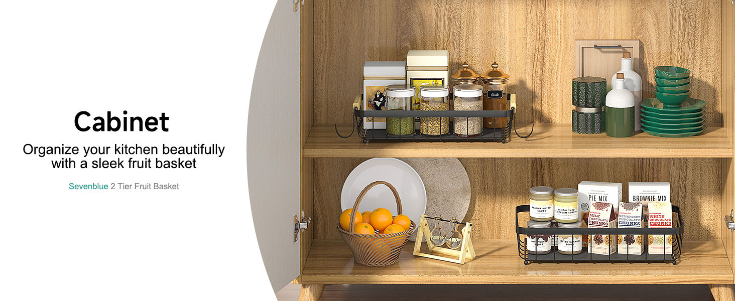 Organized kitchen cabinet with a 2-tier fruit basket.
