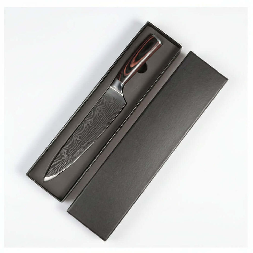 8-inch stainless steel chef's knife with ergonomic wooden handle and decorative Damascus-style laser pattern