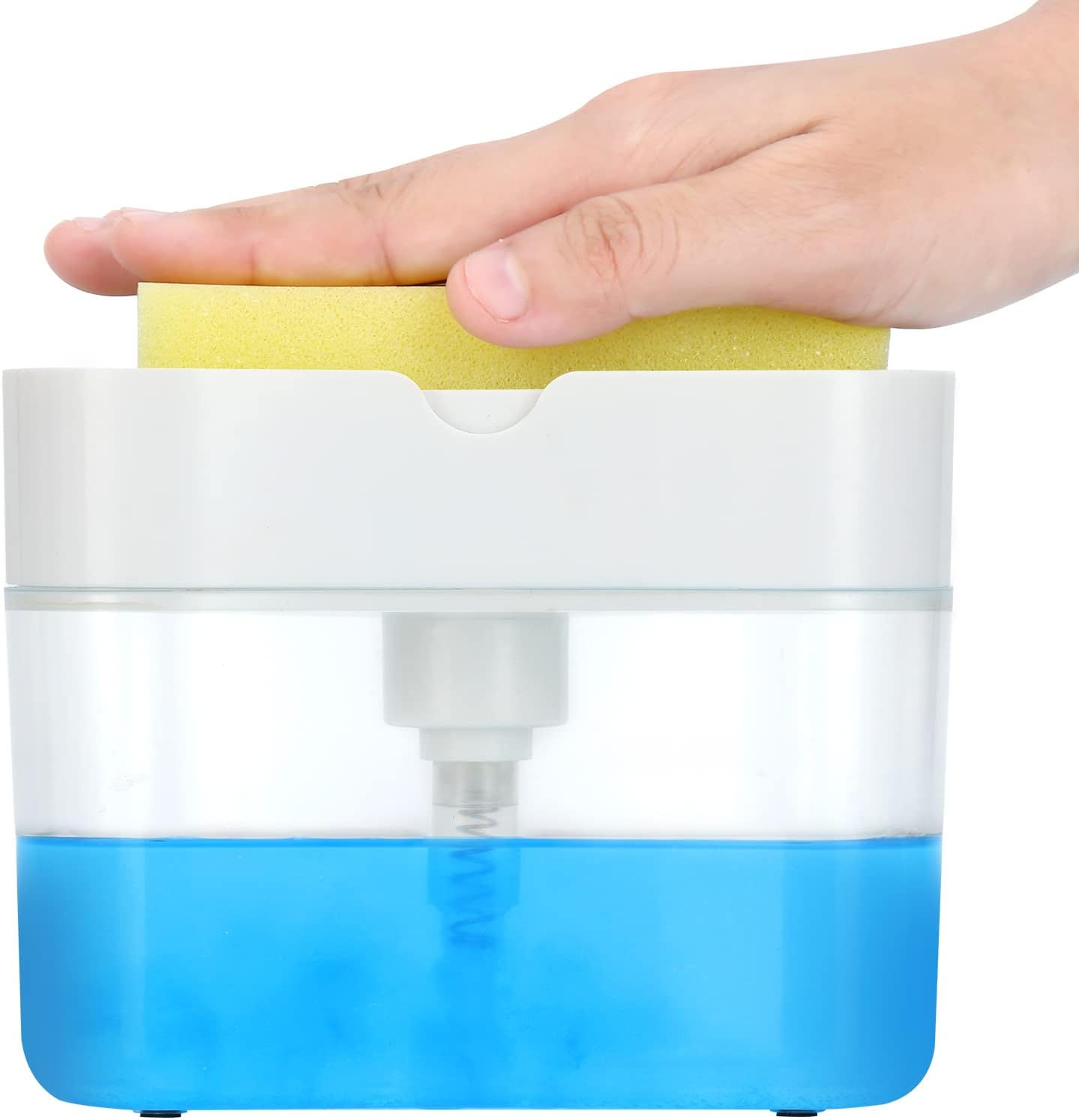 Blue and clear kitchen soap dispenser with sponge holder for convenient sink organization.