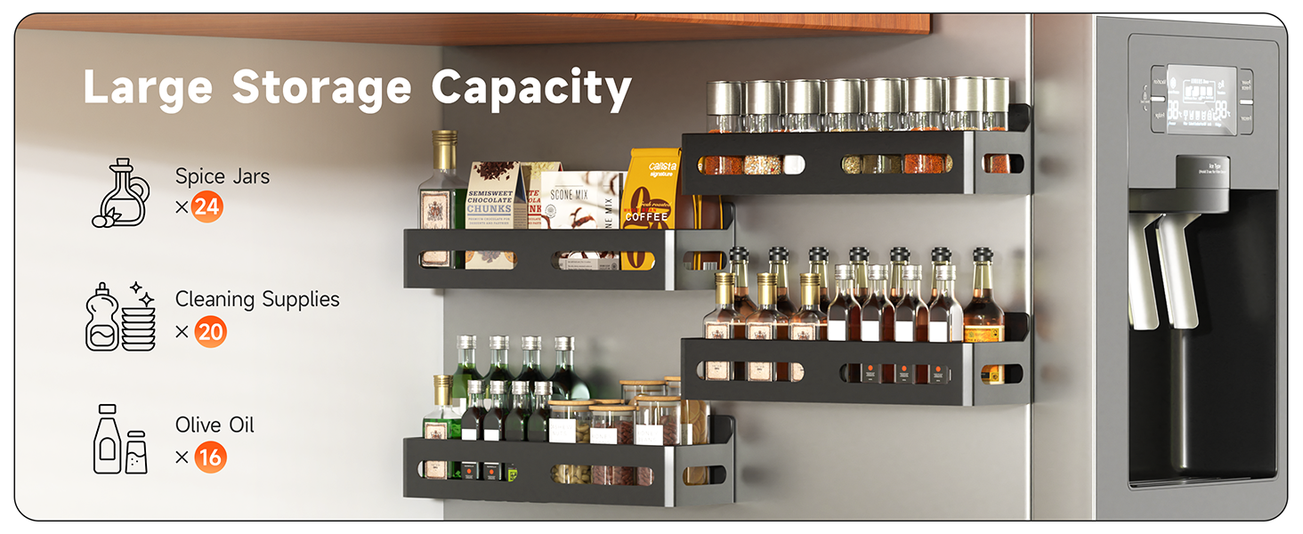 Large storage capacity magnetic spice rack on refrigerator