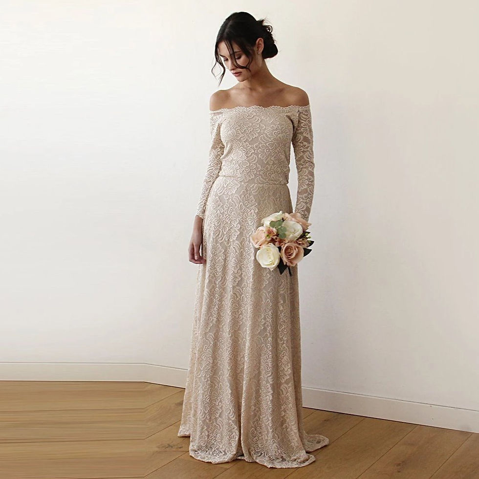 Thumbnail: Champagne Off-The-Shoulder Floral Lace Medium-Long Sleeve Maxi Dress 1119