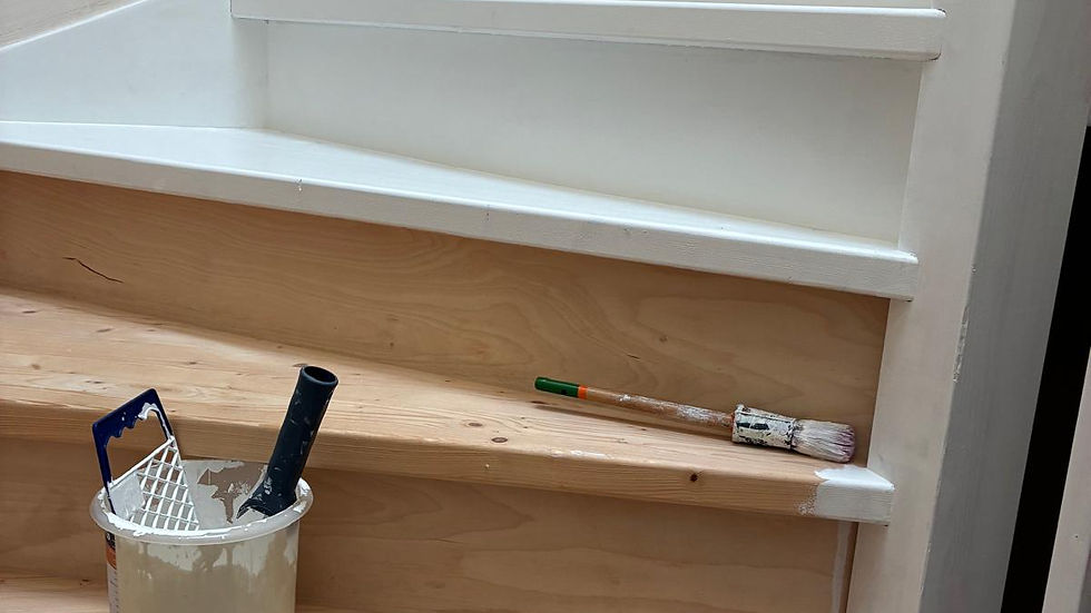 Zijaanzicht van een geschilderde gevel met een ladder ertegenaan