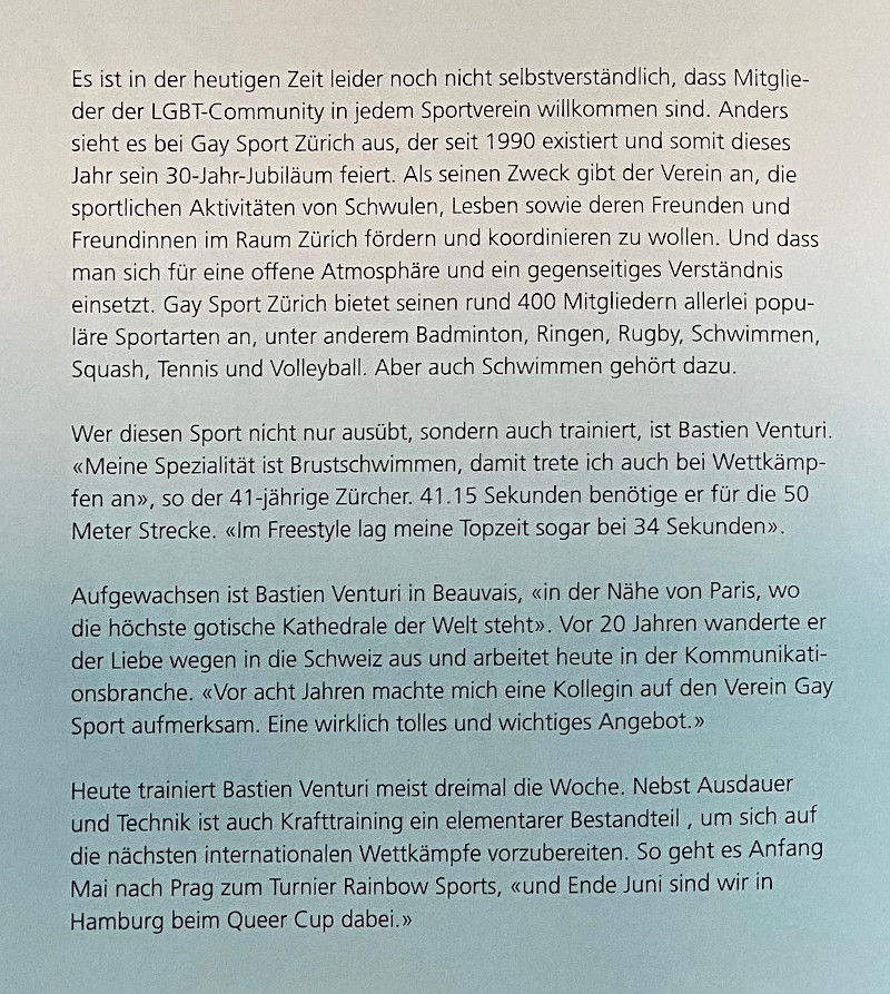 Wir Zürcher - Artikel über Gay Sport, seit Januar 2021 Rainbow Sport und Bastien Venturi.