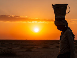 Lady walking with a bucket on her head in the sunset