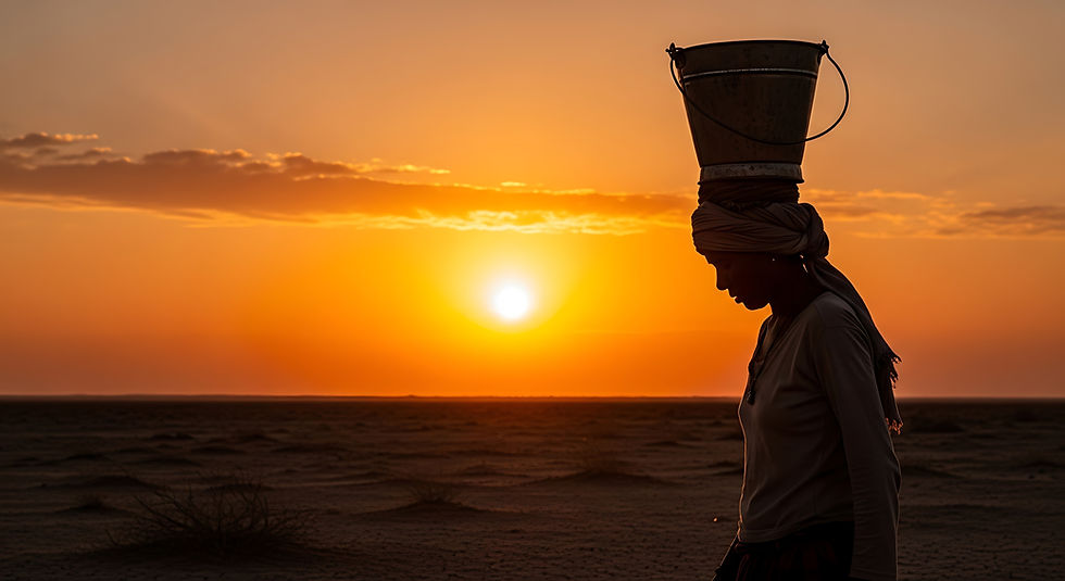 Lady walking with a bucket on her head in the sunset