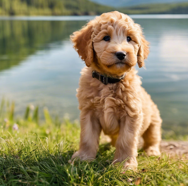 a tiny realistic goldendoodle puppy with a blurry landscape background at a lake .jpg