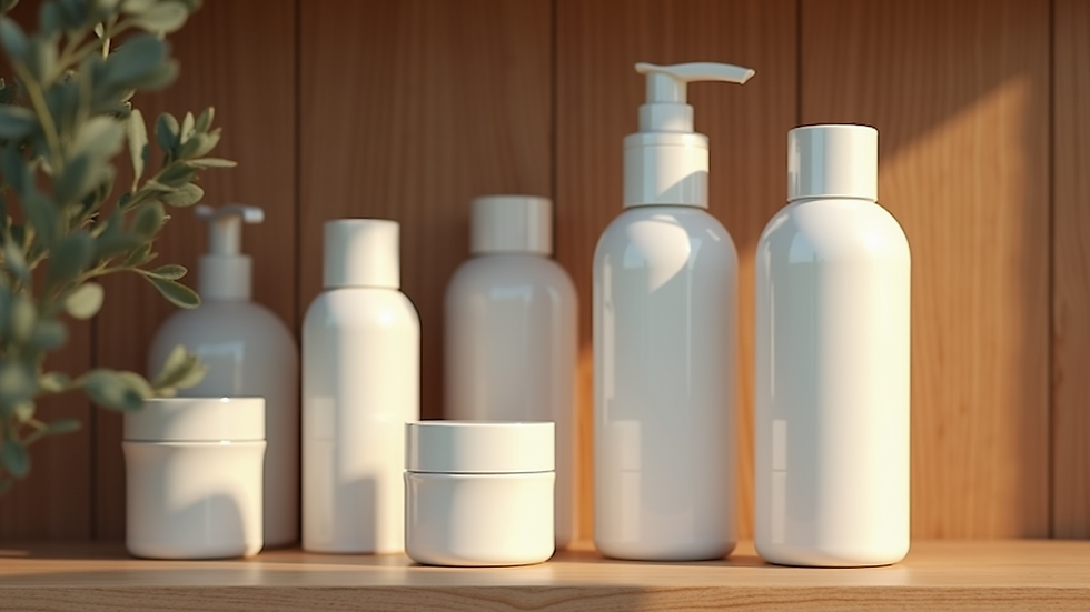 Close-up view of skincare bottles arranged on a wooden shelf