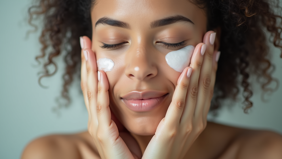 High angle view of a person applying moisturizer on their face