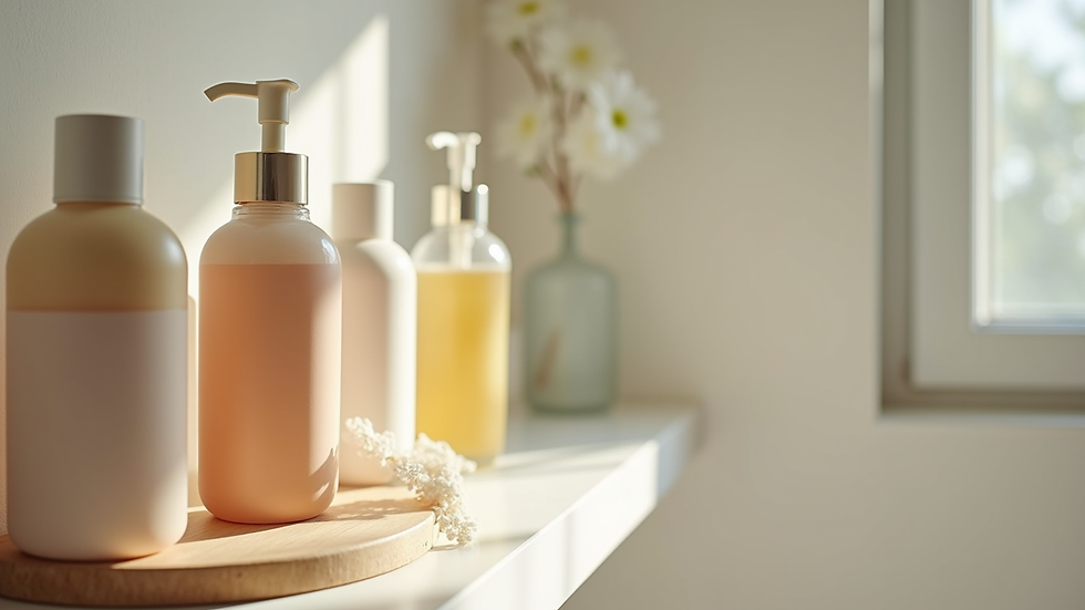 Eye-level view of a bathroom shelf with various body care products