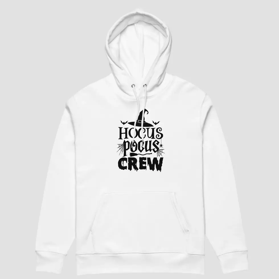 Miniature : Sweat à capuche Hocus Pocus Halloween unisexe. Haut blanc mis à plat pour voir la qualité du design et du tissu en coton bio.