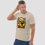 Miniature : T-shirt humour décalé oiseau. Haut unisexe de couleur sable, porté par un homme. Design inédit sur un coton bio certifié.