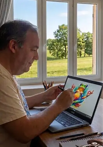 Frédéric, créateur de Fredcadeaux, dessinant un design original