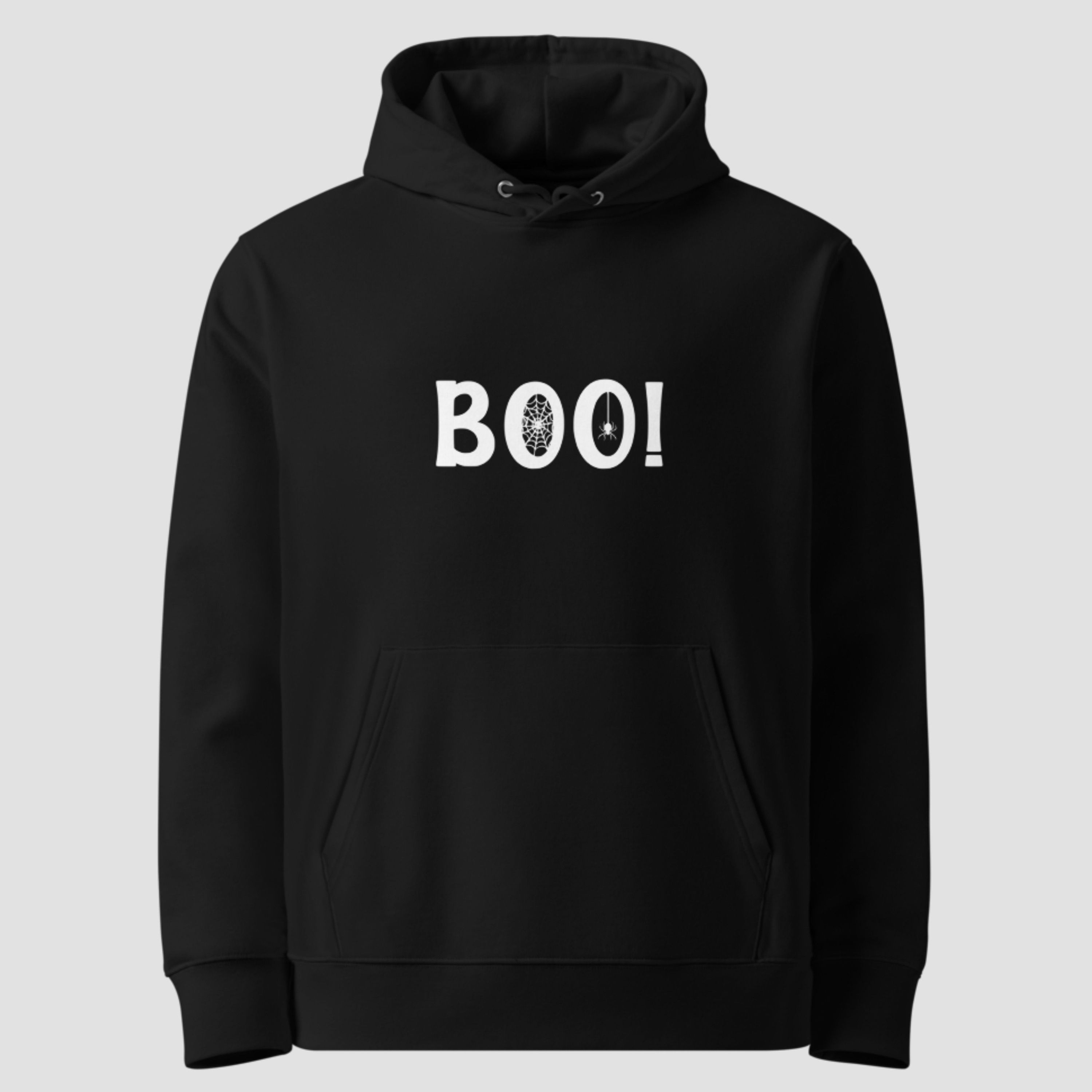 Un hoodie noir avec un imprimé boo, fantôme, araignée pour Halloween.