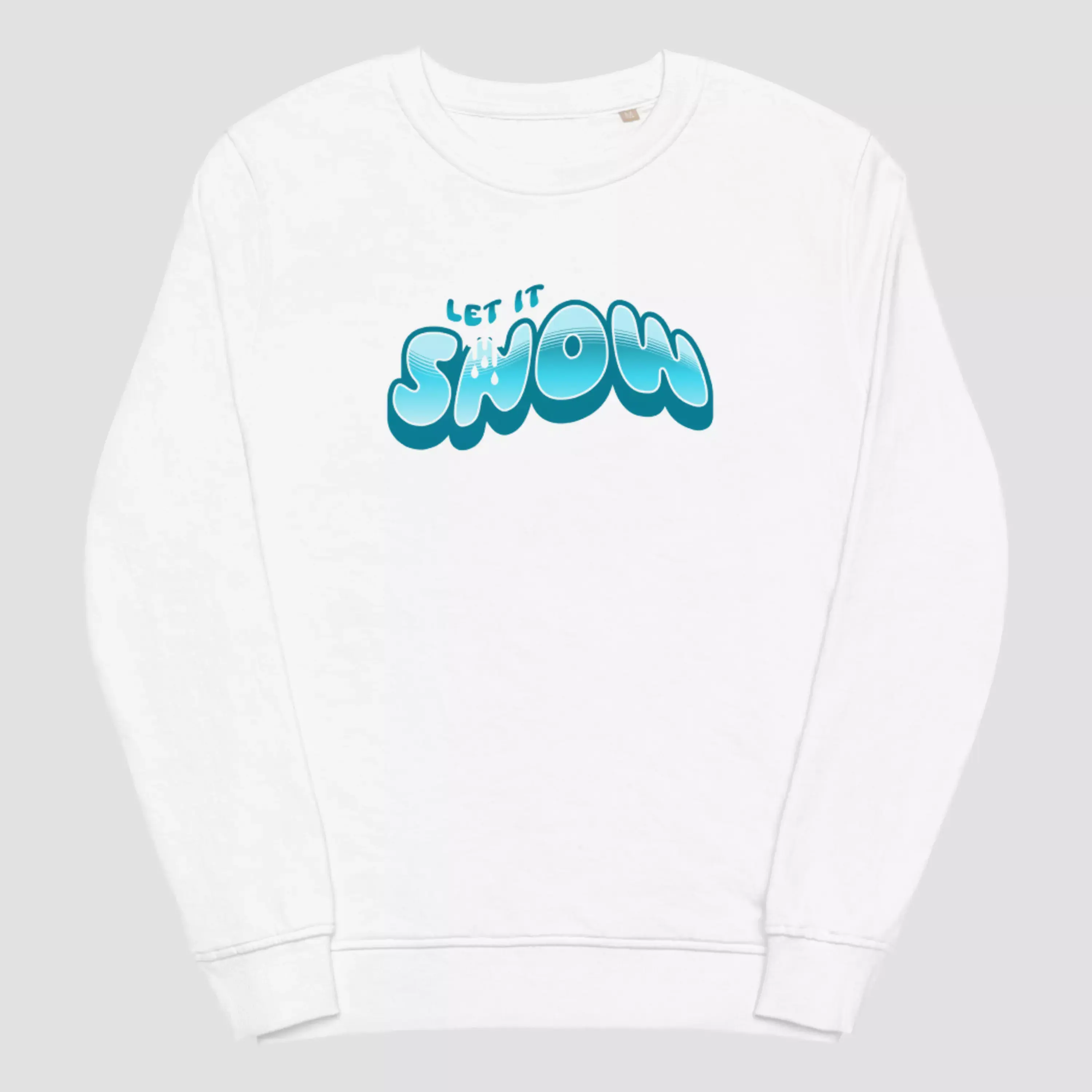 Sweat let it snow noël en coton bio et polyester recyclé blanc. Un haut unisexe non porté pour voir les détails du design.