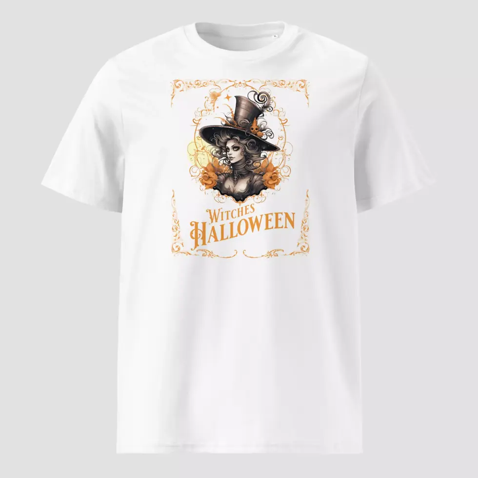 T-shirt rétro sorcière Halloween en coton bio blanc. Modèle unisexe non porté pour voir les détails du design imprimé.