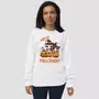 Miniature : Sweat chat citrouille halloween blanc. Haut unisexe porté par une femme. Impression sur un coton bio & polyester recyclé.
