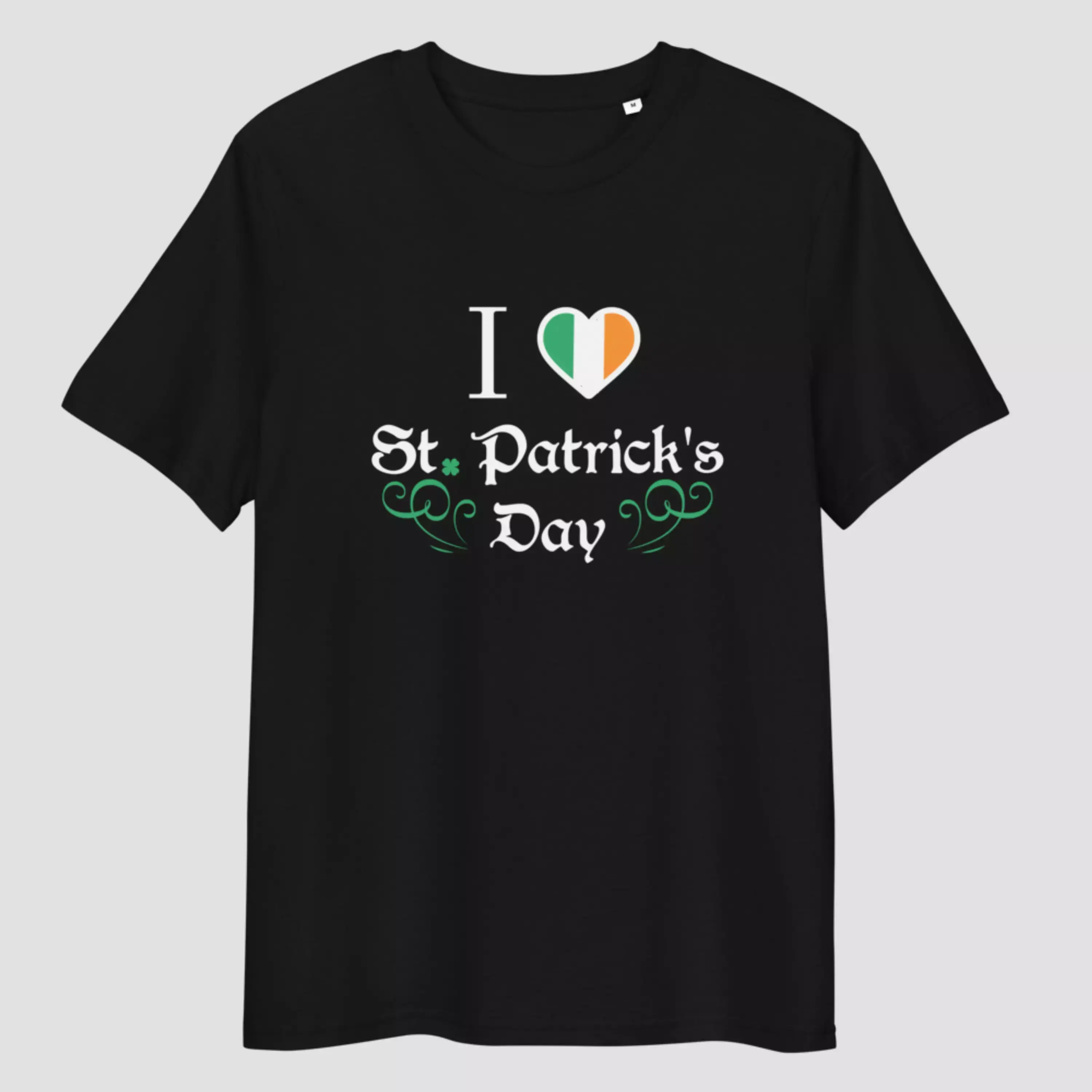 T-shirt love Saint-Patrick noir en coton bio certifié. Haut unisexe non porté. Imprimé d'un design typique pour le 17 mars.
