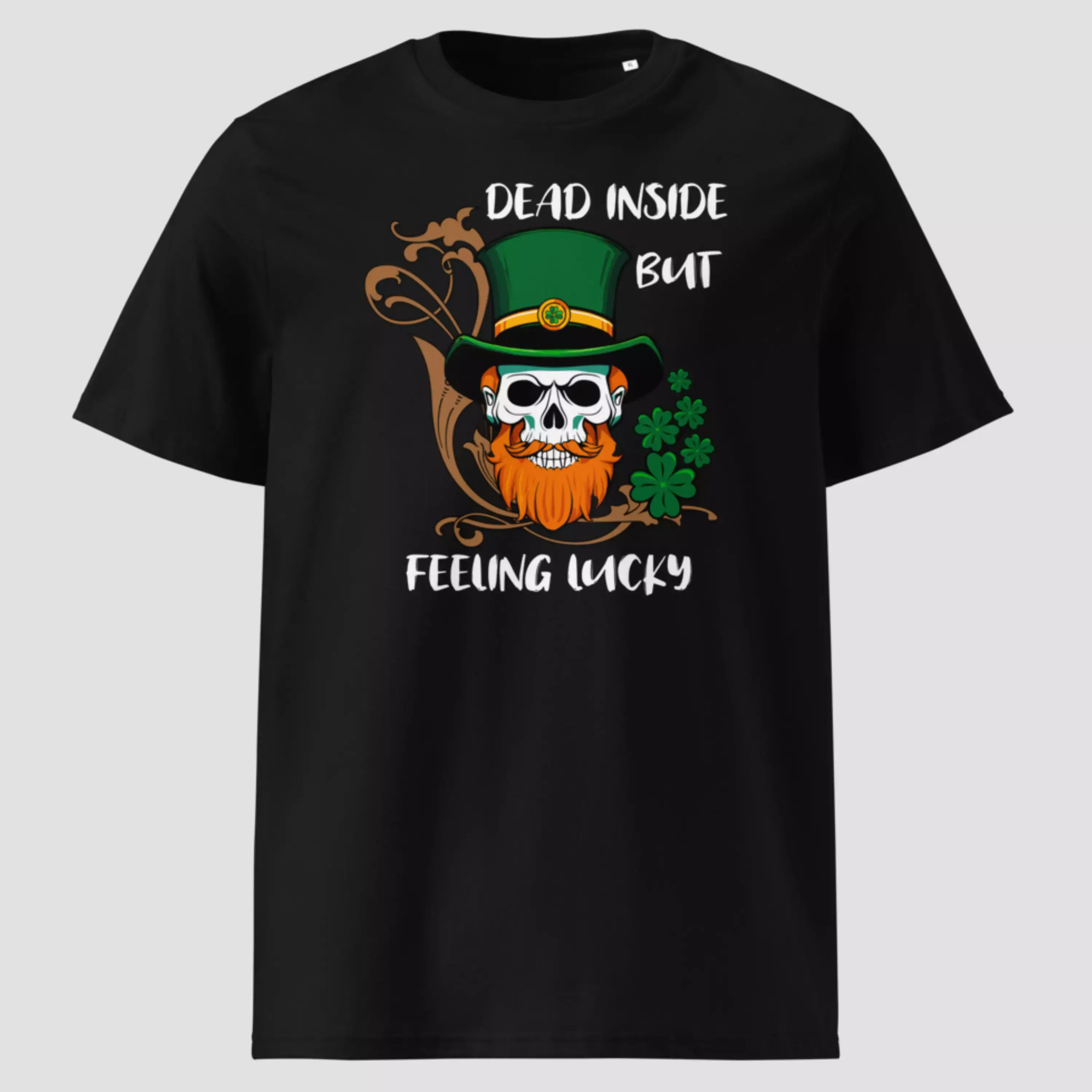 T-shirt crâne barbu St-Patrick noir en coton bio. Haut unisexe non porté orné d'un design typique pour the Patrick's day.