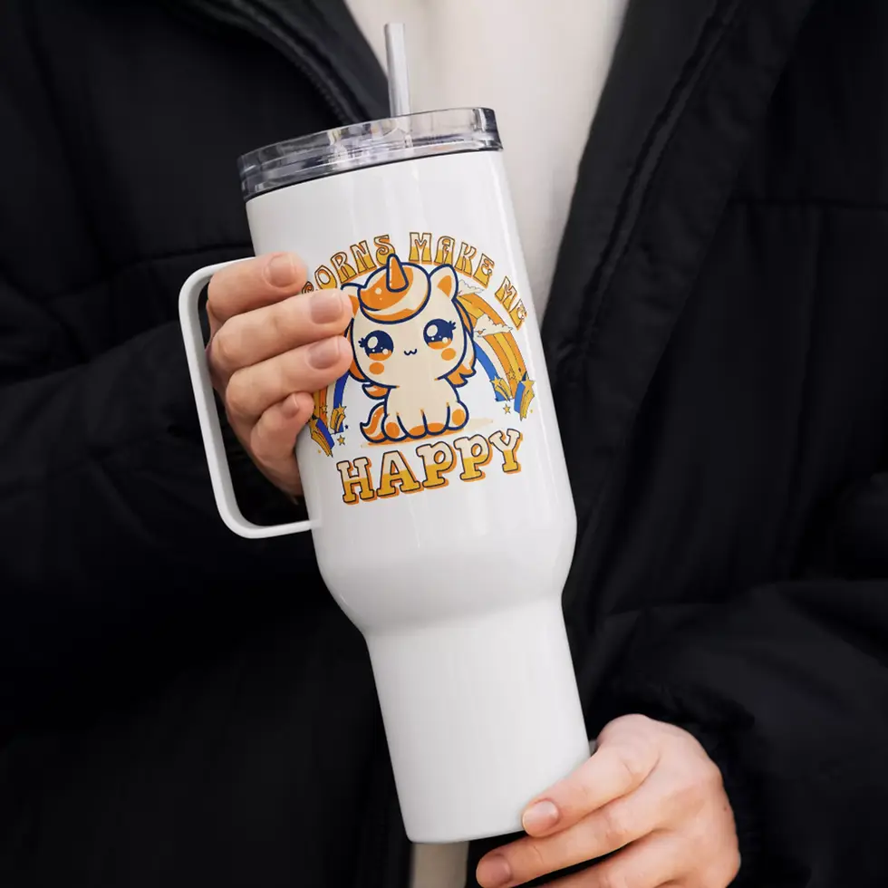 Mug isotherme licorne happy en acier inox. L'idée de cadeau parfaite pour Noël. Pièce personnalisée avec un design imprimé.