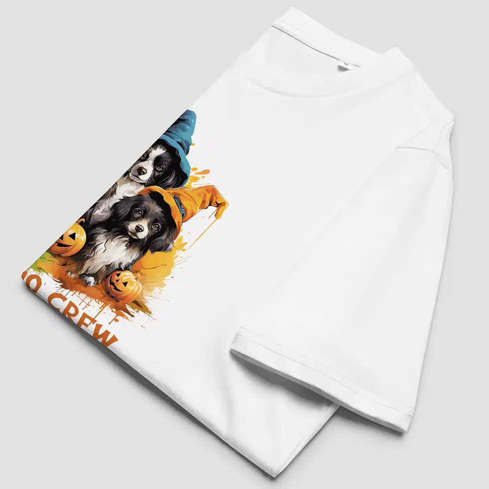 T-shirt chien magicien Halloween unisexe. Haut couleur blanc plié pour voir la qualité du tissu conçu en coton bio certifié.
