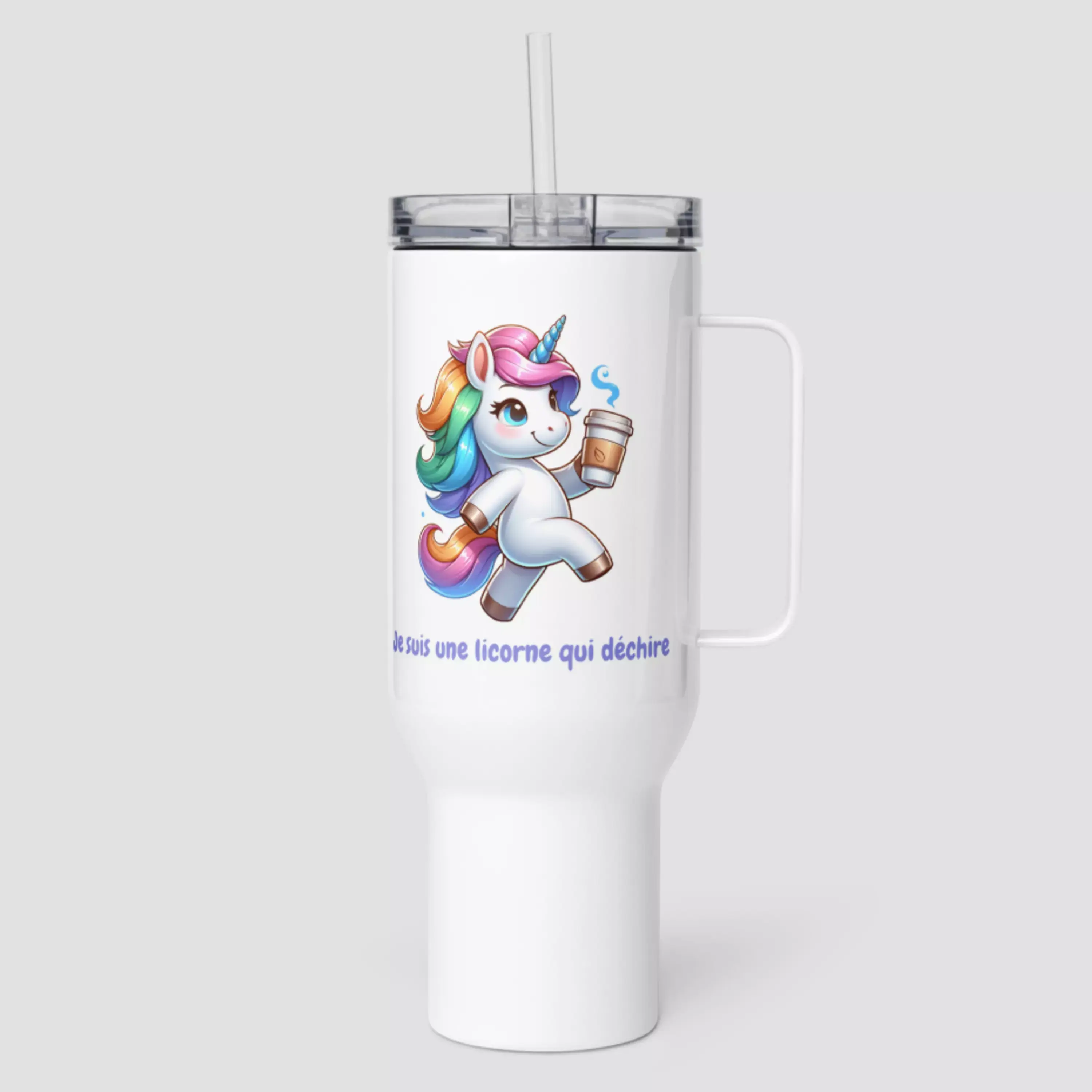 Mug isotherme licorne qui déchire l'idée de cadeau parfaite pour Noël. Un modèle en acier inox personnalisé avec un design.